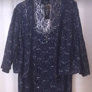 Alex Evening gown with jacket. Plus size 24W in a stretch blue gray material.